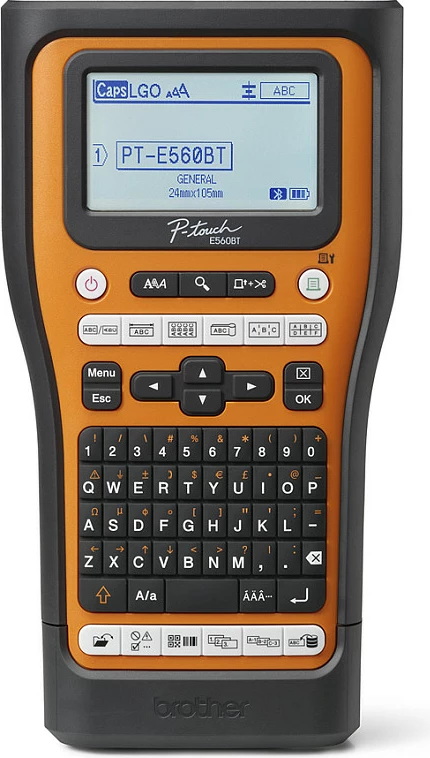 Printer etiketash Brother P-touch PT-E560BT, Bluetooth 5.0, USB, ekran me dritë, prerës automatik, portokalli/zi