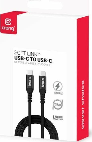 Kabllo USB-C në USB-C Crong Soft Link CRGSL025USCCBLK 0.25 m 100W/5A 480Mbps, e zezë