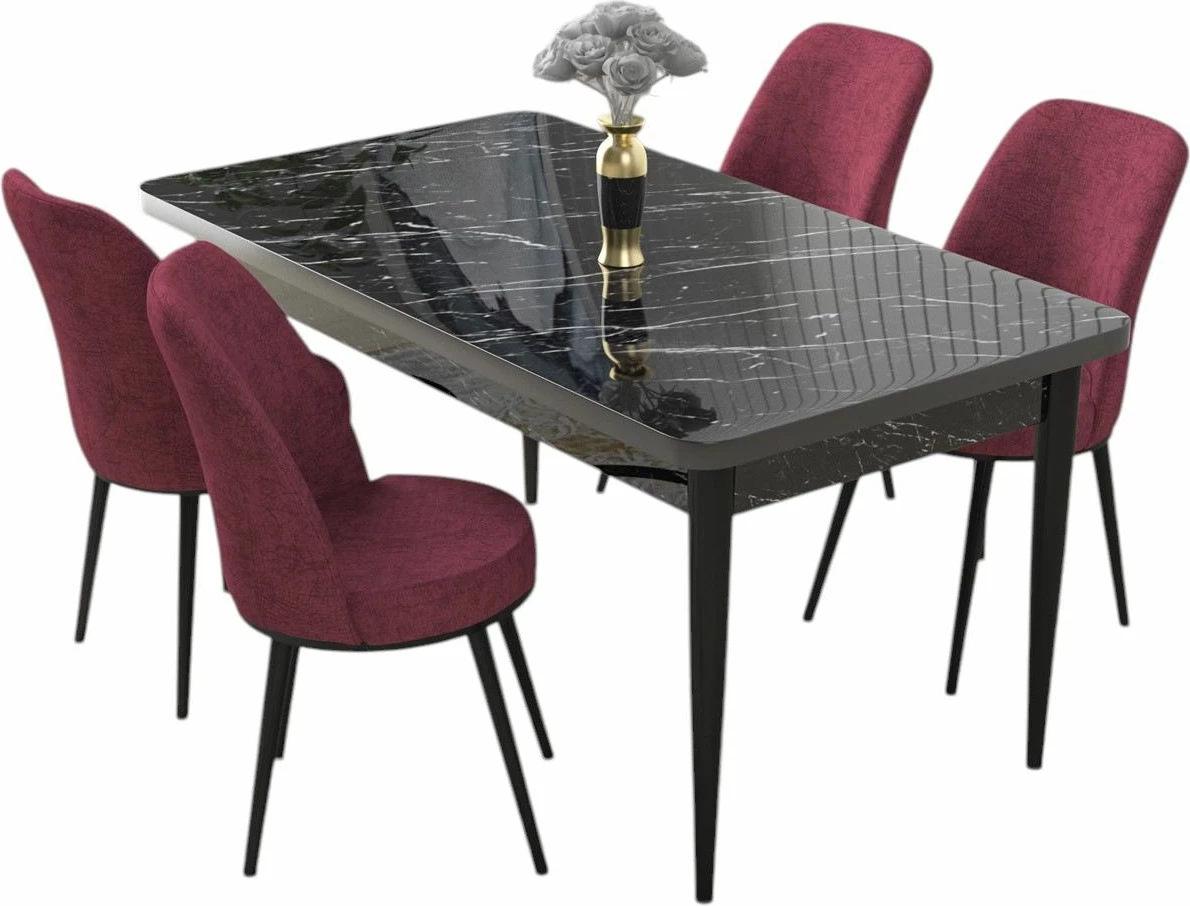 Tavolinë me karrige (5 copë), Skye Decor, sipërfaqe mermeri të zi, karrige burgundy