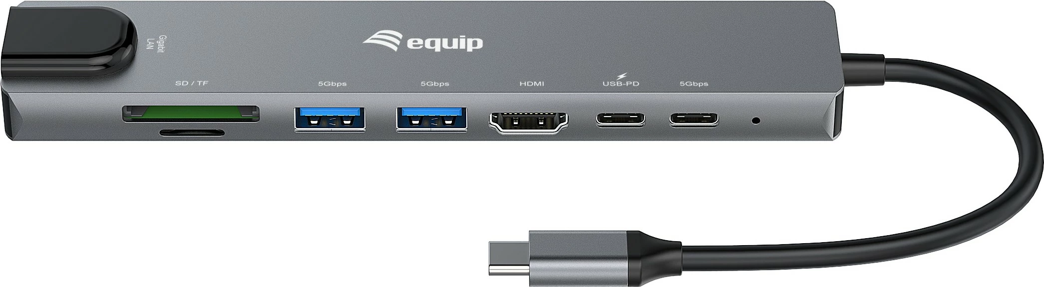 Adapter USB-C Equip, HDMI, 3x USB 3.2 Gen1, SD/TF, PD 100W, e zezë/gri