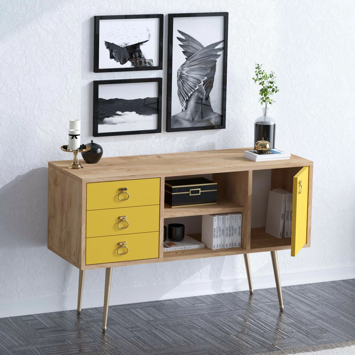 Komodë moderne Skye Decor, ngjyrë lis dhe e verdhë, KLEA