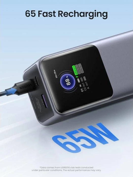Powerbank UGREEN 35524B 20000mAh 130W me ekran TFT, gri, me kabllo USB-C