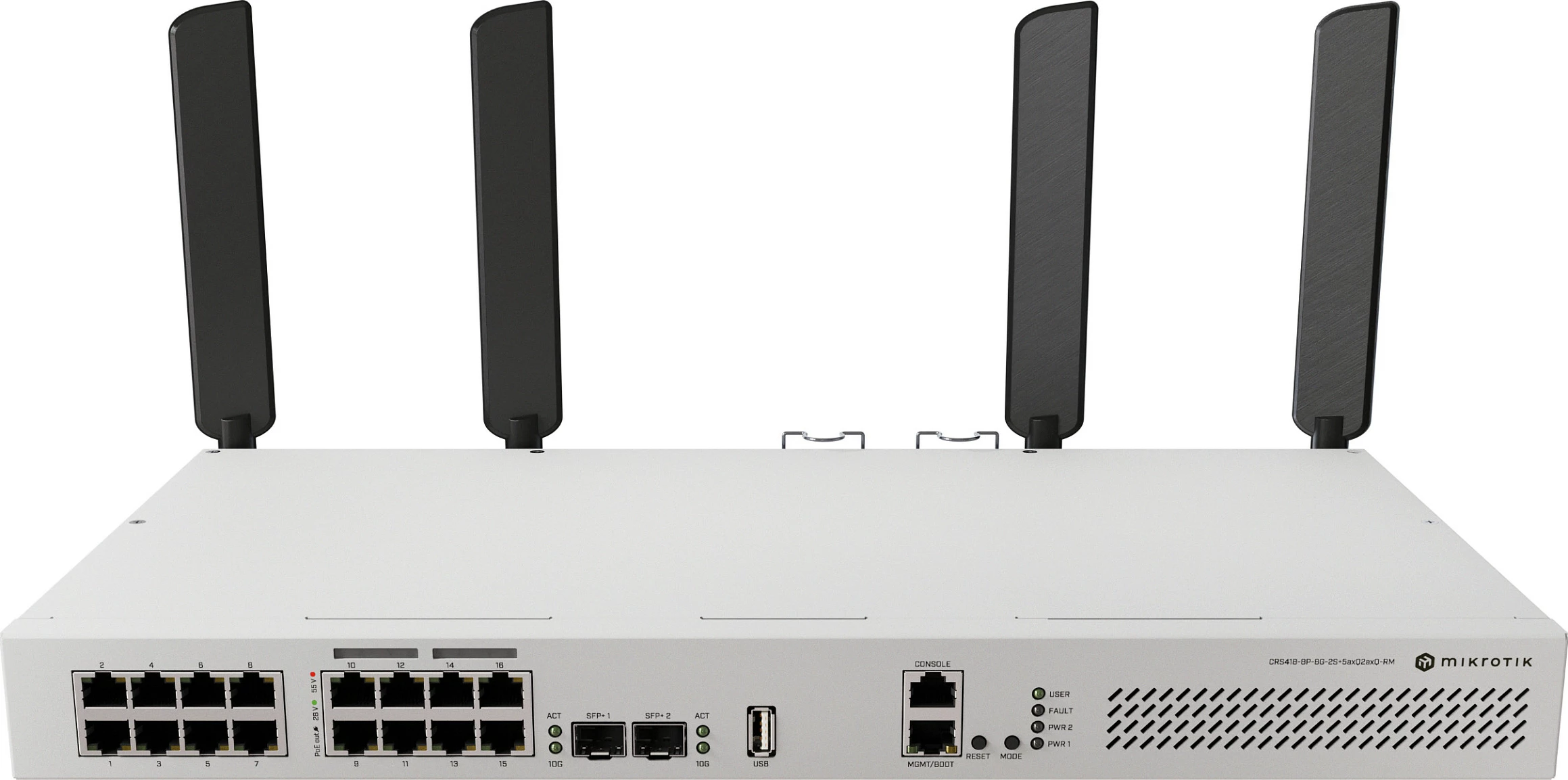 Switch MikroTik CRS418-8P-8G-2S+5axQ2axQ-RM, L2/L3, 8x PoE + 8x Gigabit, 2x SFP+ 10G, 1U, i bardhë