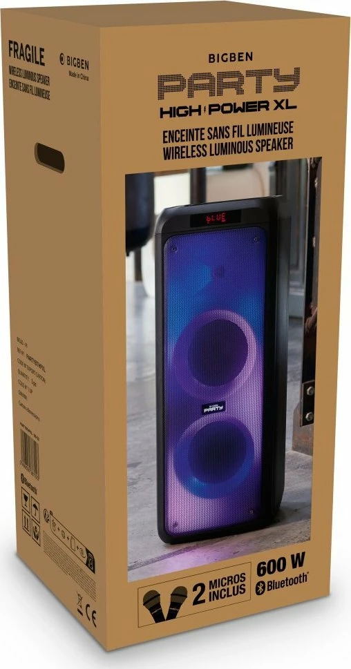 Altoparlant Bluetooth BigBen Party Tower XL Karaoke 600W me 2 mikrofonë, LED, i zi