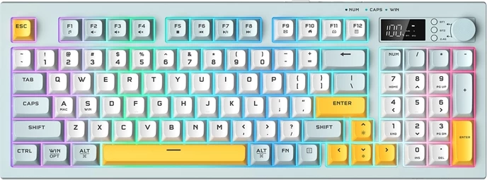 Tastierë gaming ONIKUMA G80, 94 taste, tri-mode Bluetooth 5.0/2.4 GHz/USB-C, OLED dhe rrotë kontrolli, RGB, pastel multicolor
