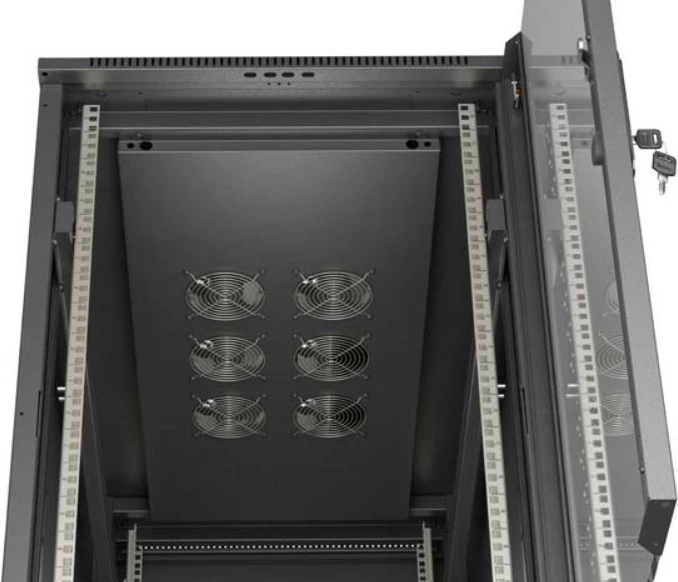 Kabinet rack dysheme 19", Lanberg FF01-6222-12B, 22U, 600x1200 mm, derë xhami, ngarkesë 800 kg, IP20, Flat Pack, e zezë
