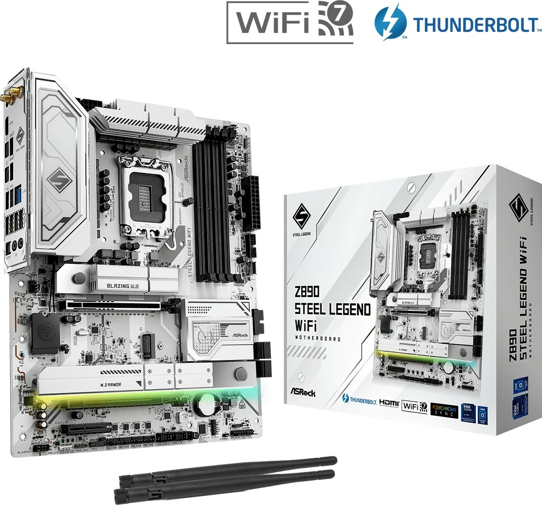 Pllakë amë, ASRock, Z890 Steel Legend WiFi, ATX LGA1851 Intel Z890 DDR5 PCIe 5.0 Wi‑Fi 7 Thunderbolt 4, set me 2 kabllo SATA dhe 2 antena