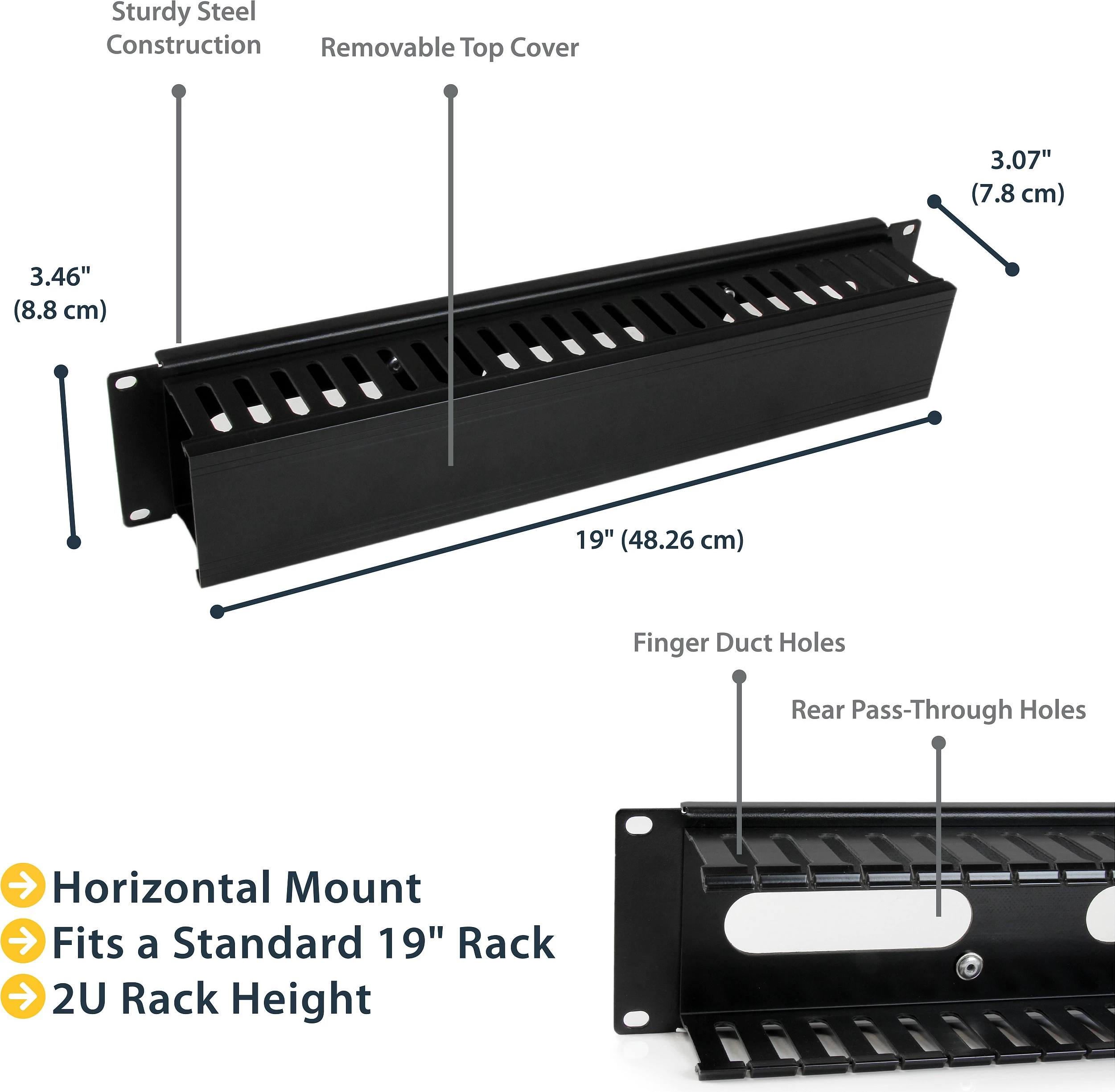 Panel menaxhimi kabllove rack StarTech 2U Finger Duct horizontal me kapak, 19", i zi