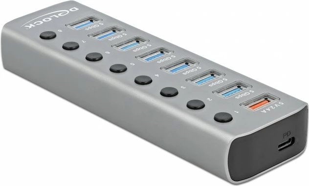 USB hub DeLOCK 7 porte, 1 port shpejt karikimi, 1 port USB-C PD 3.0, gri