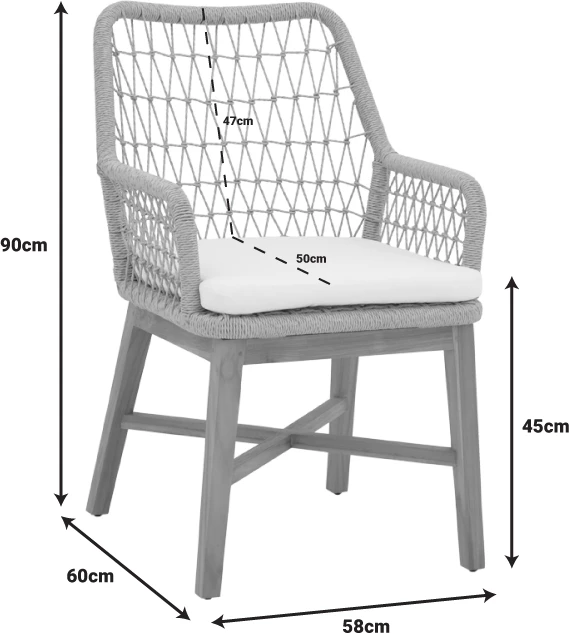 Karrige Elaiza pakoworl dru tik dhe litar pe, ngjyrë natyrale-bezhë, me jastëk, 58x60x90cm