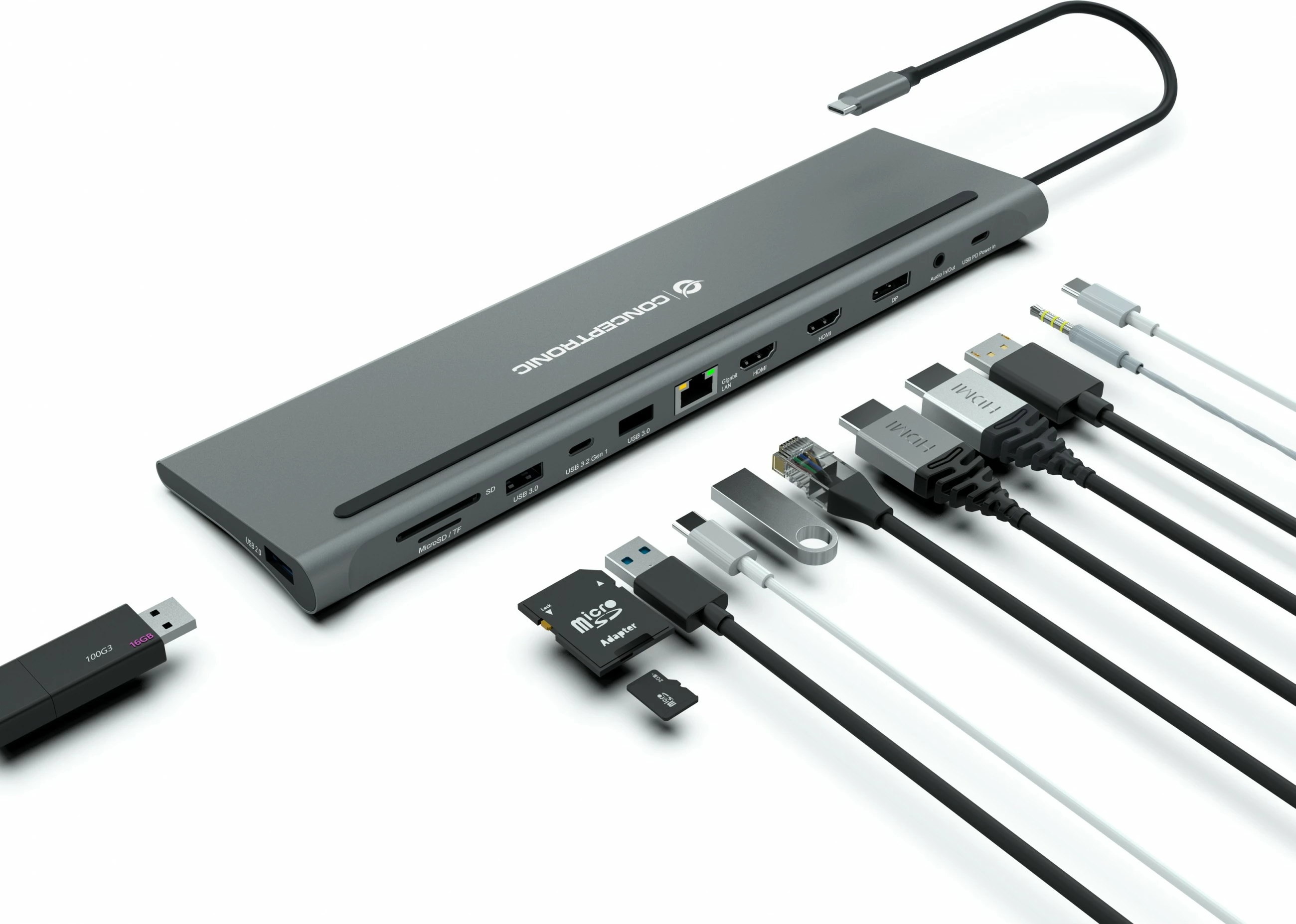 Dok Conceptronic 12-1 USB-C, 2xHDMI, 3xUSB-A, DisplayPort, 18cm, gri