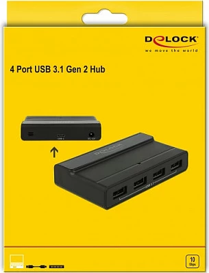 USB hub DeLOCK 4-port, USB-C në hyrje, USB 3.2 Gen 2 10Gbps, me adapter AC, i zi