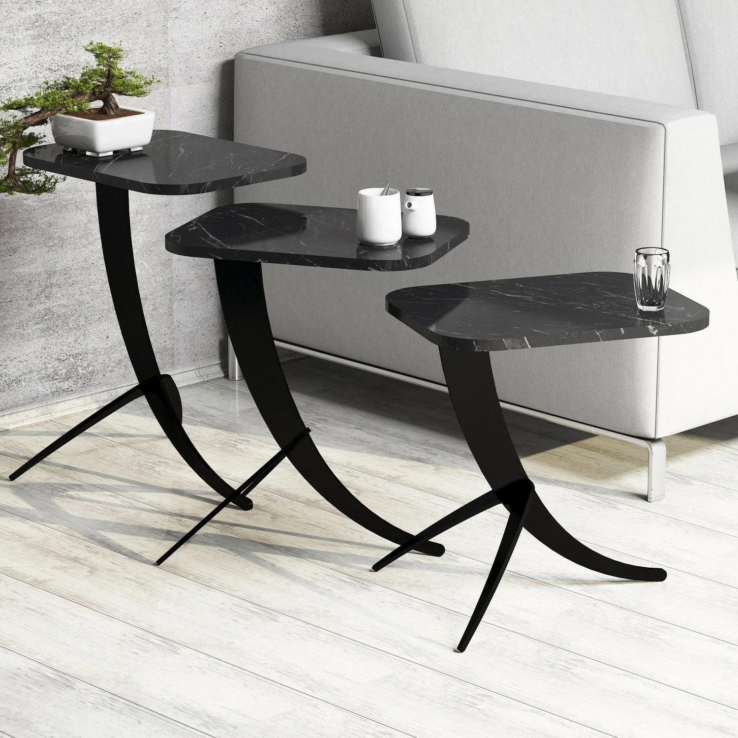 Set tavolinash ndihmëse (3 copë), Hanah Home, Pion - mermer i zi