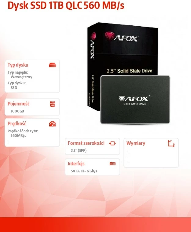 SSD i brendshëm, AFOX SD250-1000GQN, 1TB SATA III 2.5'' 560 MB/s leximi, QLC, e zezë