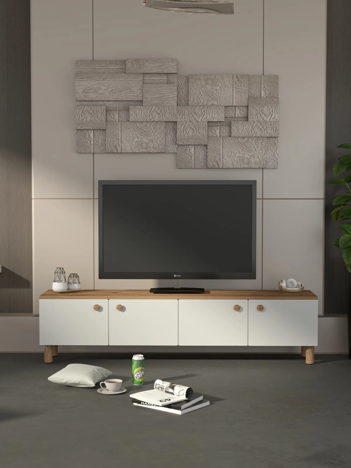 Komodë TV Skye Decor, ngjyrë pishë Atlantike dhe e bardhë, Norvella