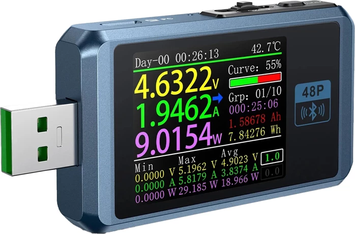 Tester porte USB FNIRSI FNB48P BT, 4–24 V, 0–6.5 A, Bluetooth, ekran 1.77", blu