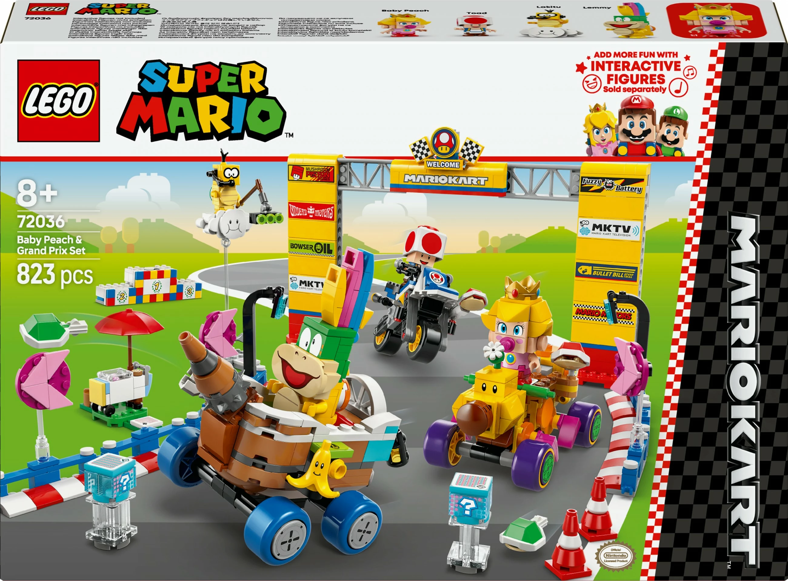 Set ndërtimi LEGO Super Mario Mario Kart Baby Peach & Grand Prix 823 pjesë, multingjyrësh
