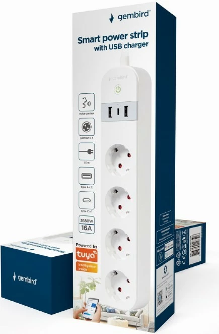 Zgjatues rryme smart Gembird TSL-PS-S4U-01-W, 4x prizë Schuko, 2x USB-A + 1x USB-C, kabllo 1.5 m, i bardhë