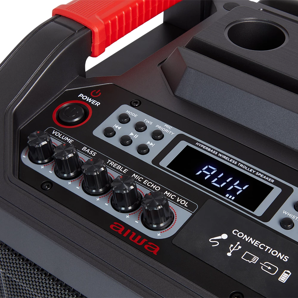 Altoparlant portativ Bluetooth Aiwa KBTUS-608 80 W RMS me drita RGB, me karrocë me rrota, i zi, me 2 mikrofonë wireless