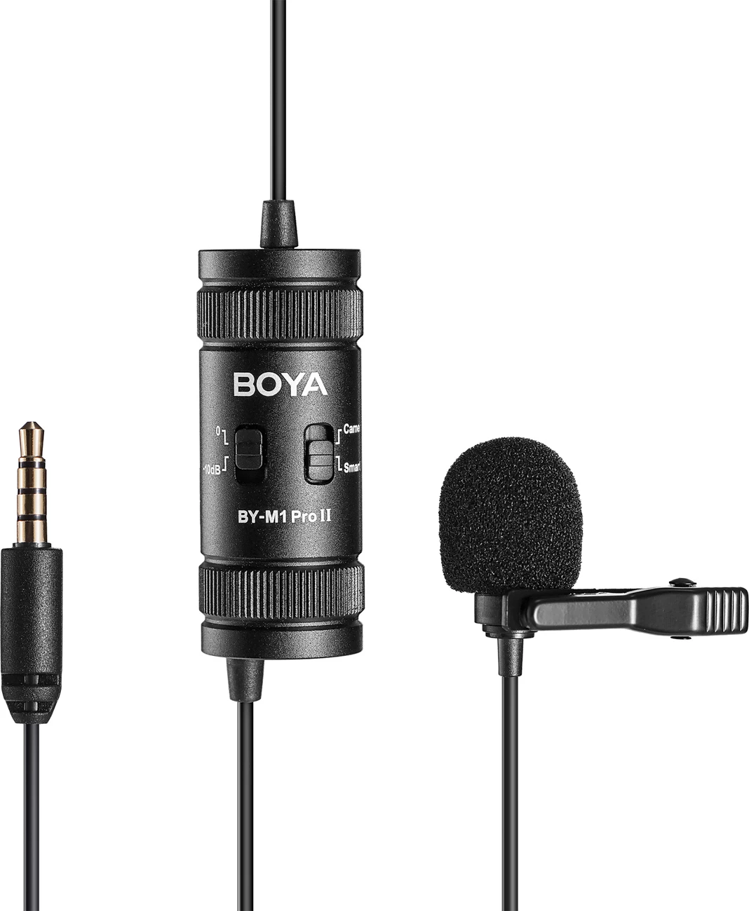 Mikrofon lavalier i lidhur BOYA BY-M1 Pro II, 3.5mm TRRS, kabllo 6 m, me monitorim, i zi, set me klip dhe mbrojtës ere
