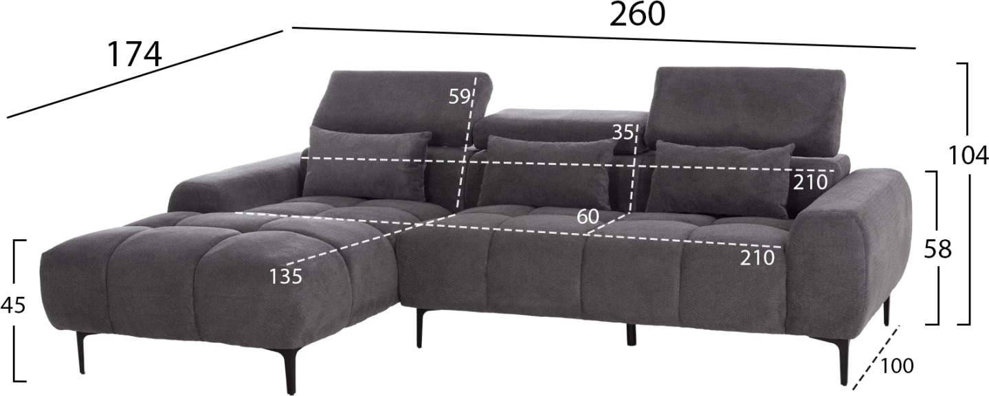 Këndsofa majtas DIVYA, material gri, 264x175x99cm