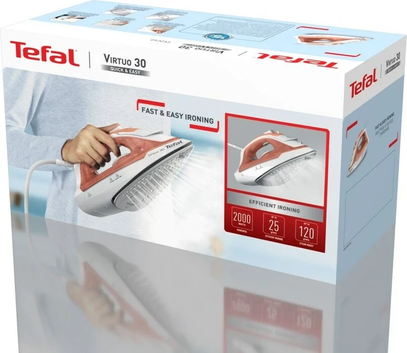 Hekur Tefal Virtuo 30 FV2C40E0 2000 W, pllakë qeramike, avull/dry, Peach/White