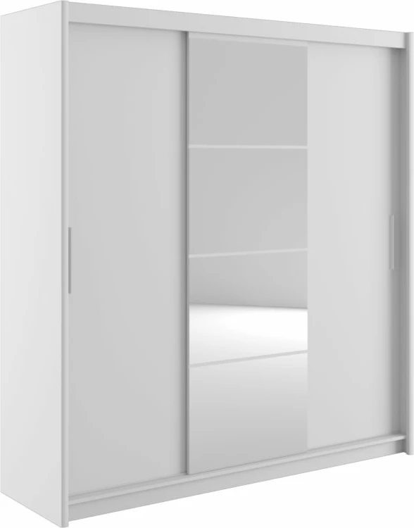 Dollap Elodie me 3 dyer rrëshqitëse me pasqyrë, ngjyrë e bardhë, 200x61x216cm