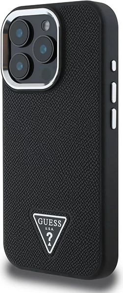 Mbështjellës Guess Grained Triangle MagSafe për iPhone 16 Pro, zi