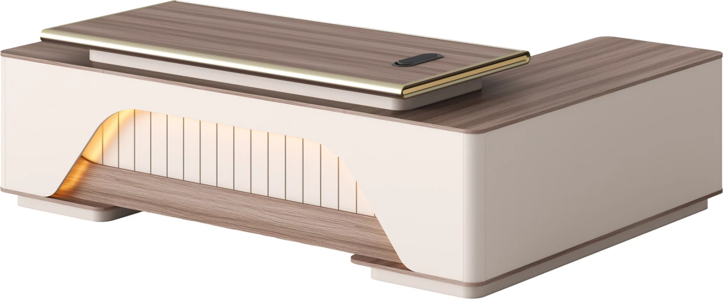 Tavolinë këndi për zyre, seri SUPERON, ngjyrë bezhë, ndriçim LED, 240x180x76cm