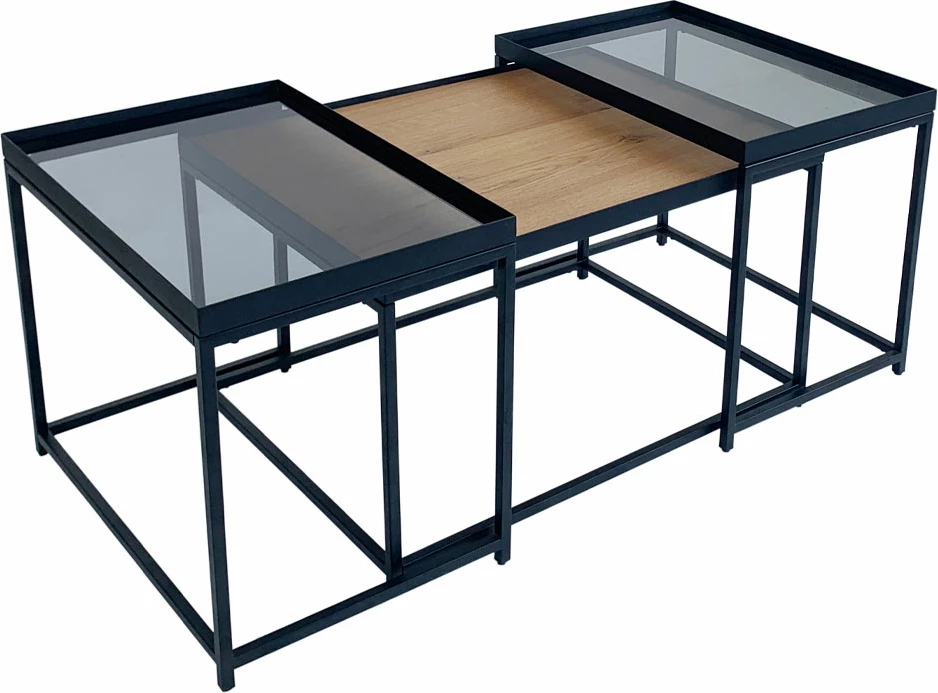 Set tavolinash kafeje Harmonica, 3 copë, natyrale, xham i tymosur, e zezë, 75x55x44