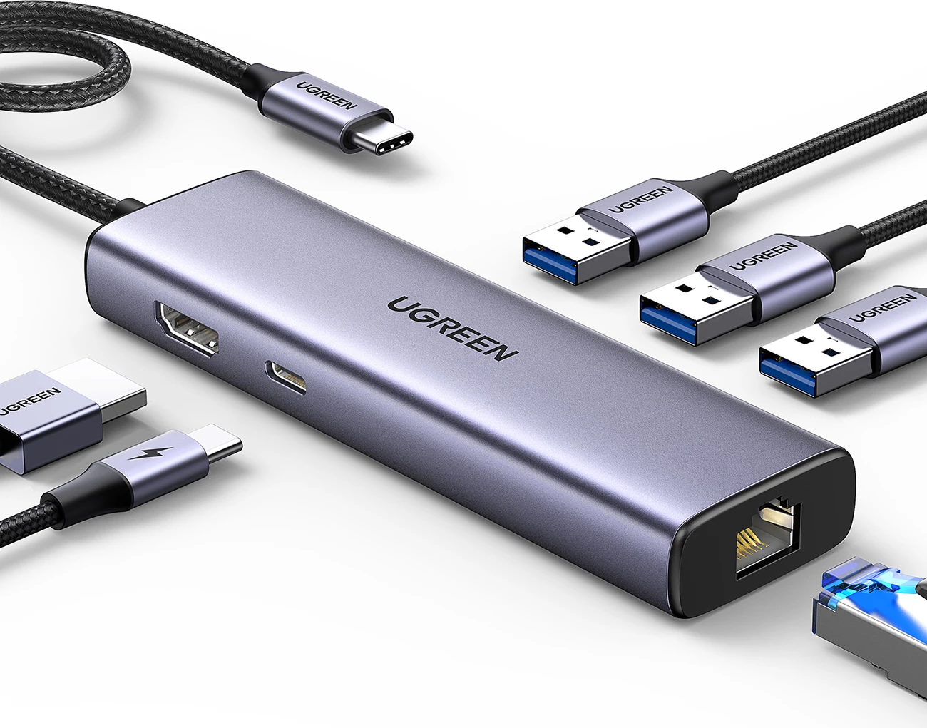 HUB Ugreen CM512 15598 6in1 USB-C, 3x USB-A 3.0, HDMI, RJ45, USB-C PD, Gri