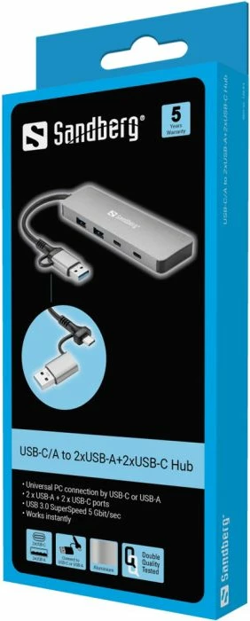 Hub USB SANDBERG 136-64, USB-C/USB-A në 2x USB-A 3.0 + 2x USB-C, 5 Gbit/s, kabllo 15 cm, alumin, argjendtë
