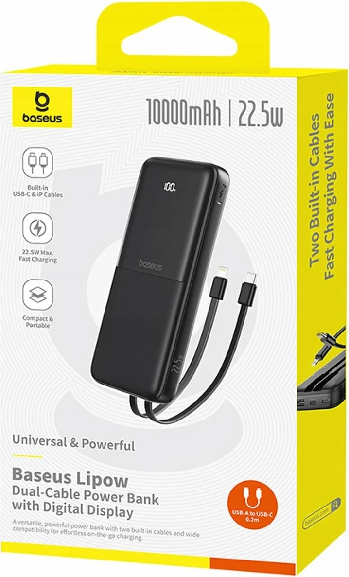 Powerbank Baseus Lipow 10000mAh 22.5W me ekran, me kabllo të integrume + kabllo USB-A në USB-C 0.2m, i zi
