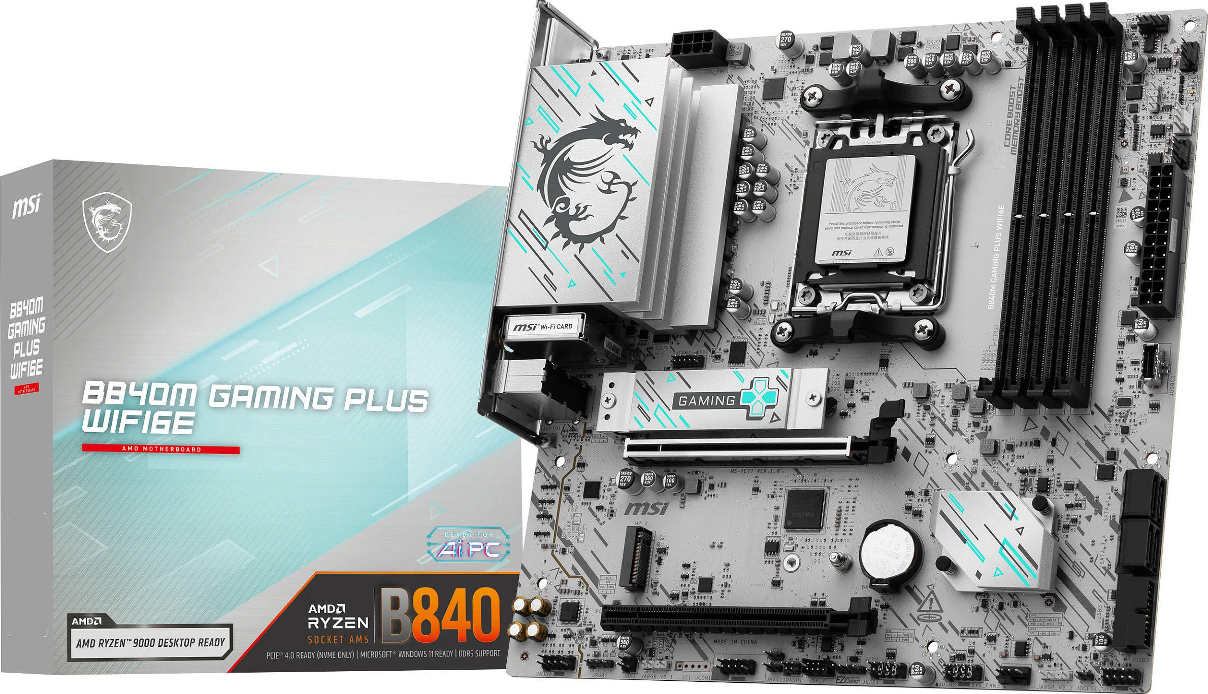 Pllakë amë MSI B840M GAMING PLUS WIFI6E, Socket AM5, micro ATX, DDR5 256GB, Wi‑Fi 6E, e bardhë