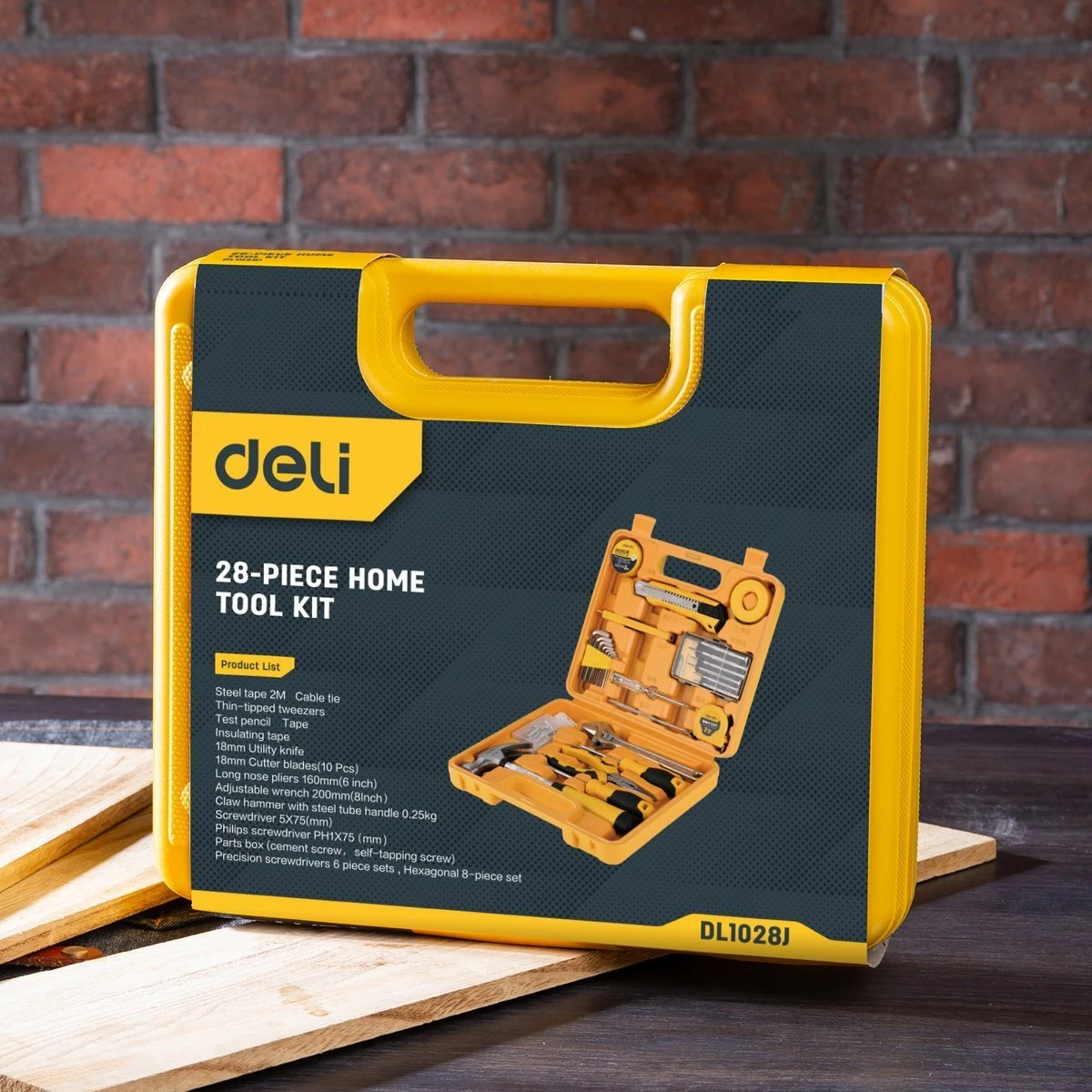 Set veglash Deli Tools EDL1028J, 28 copë, me kasë, e verdhë