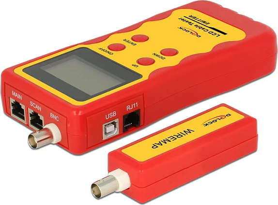Tester kabllosh DeLOCK 86108, LCD, BNC/RJ-12/RJ-45/USB, 9 V, kuqe/verdhë
