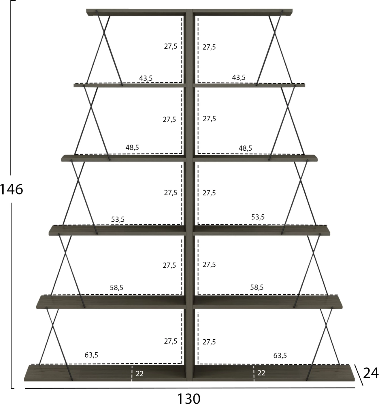 Raft librash 2 copë, MINI TARS, FH11772.13, melaminë, ngjyrë ulliri-gri, shufra metali të zeza, 65x24x146 cm