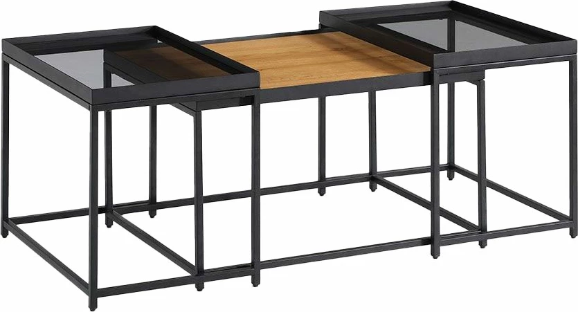 Set tavolinash kafeje Harmonica, 3 copë, natyrale, xham i tymosur, e zezë, 75x55x44