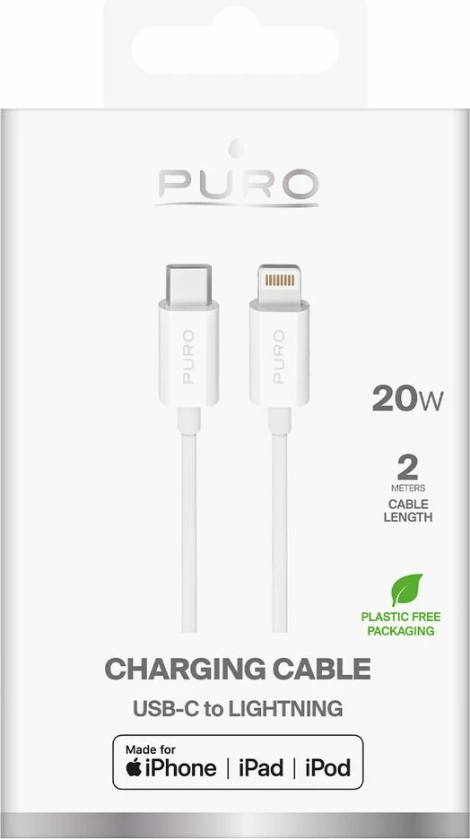 Kabllo Puro PUCAPLTC20W2MTWHI, USB-C në Lightning, 2m, 20W, e bardhë
