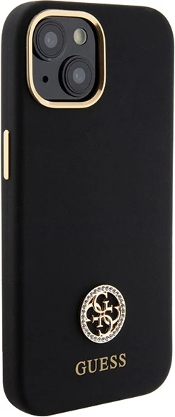 Mbështjellës Guess Silicone Logo Strass 4G për iPhone 15, i zi