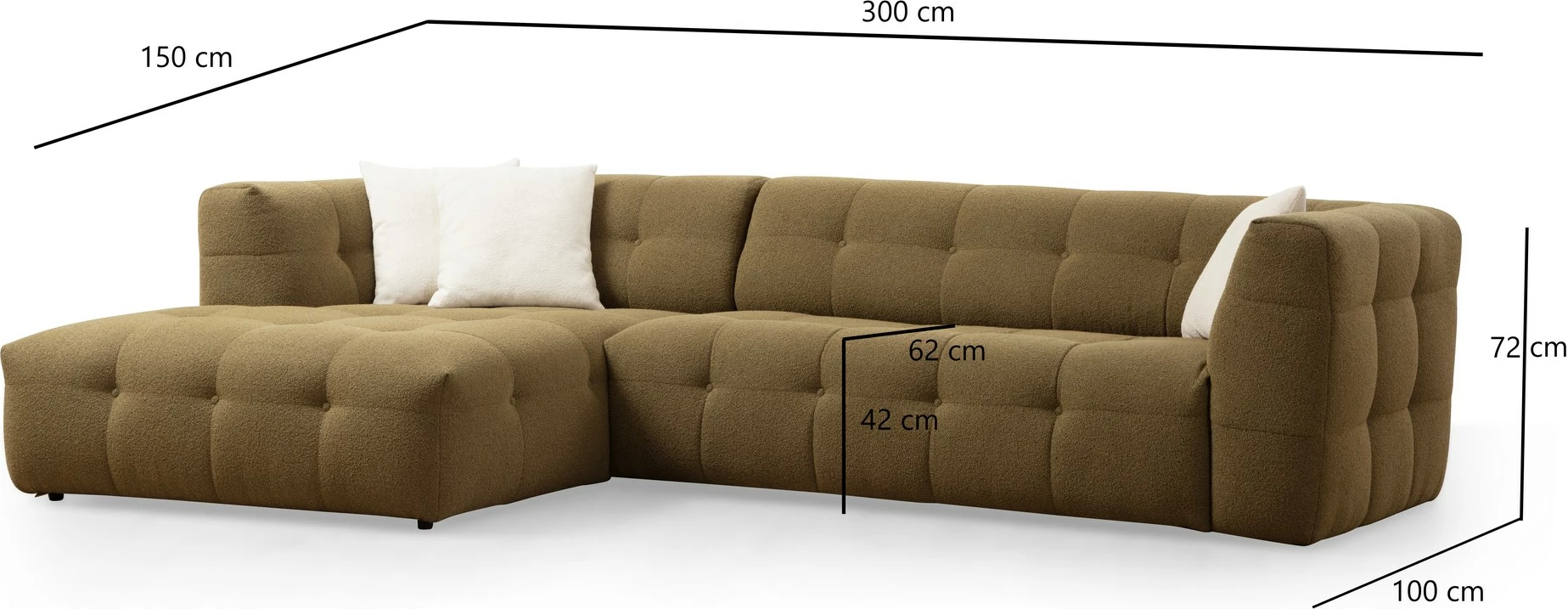 Këndsofa Cady, 3 vende, kënd majtas, ngjyrë kaki
