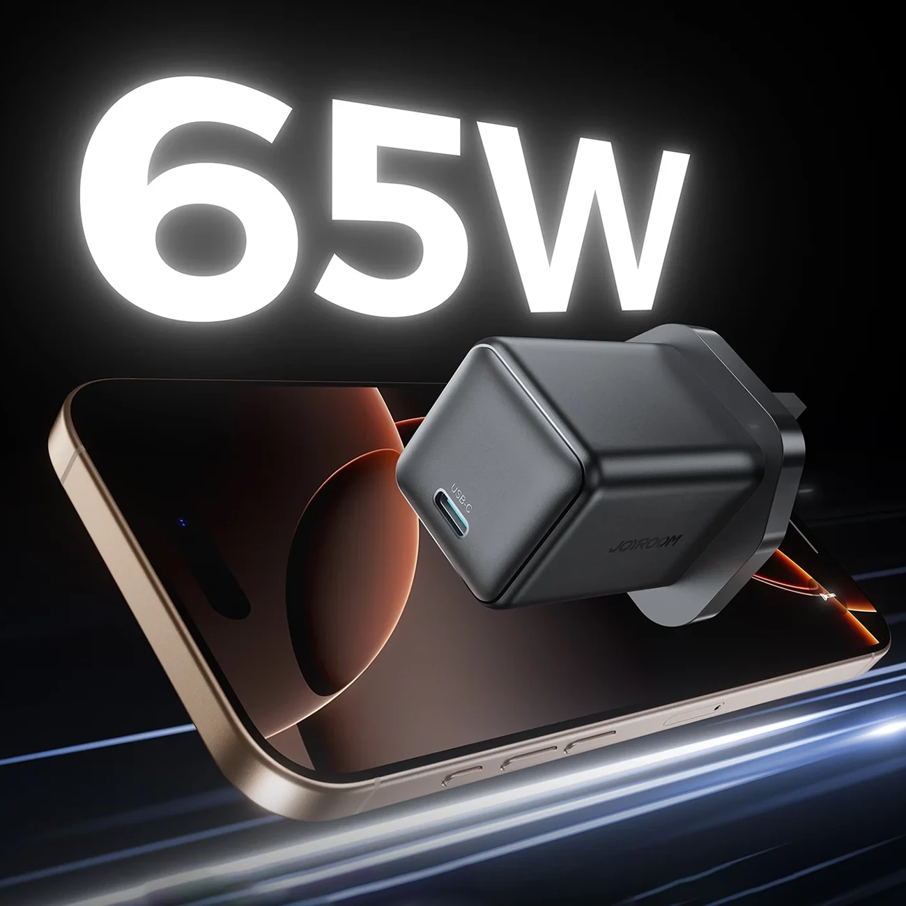 Karikues muri Joyroom JR-TCG18, 65W, 1x USB-C, prizë UK, zi