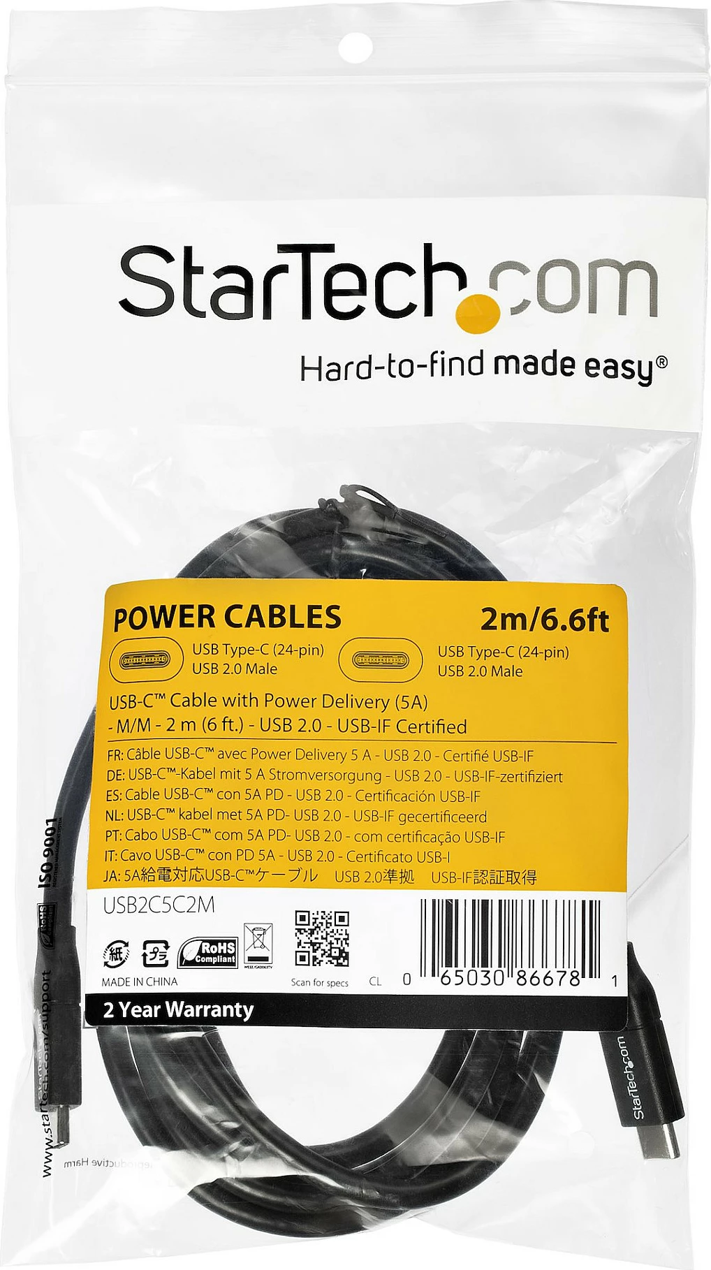 Kabllo USB-C në USB-C StarTech USB2C5C2M, 2m, USB 2.0, PD 100W (5A), e zezë