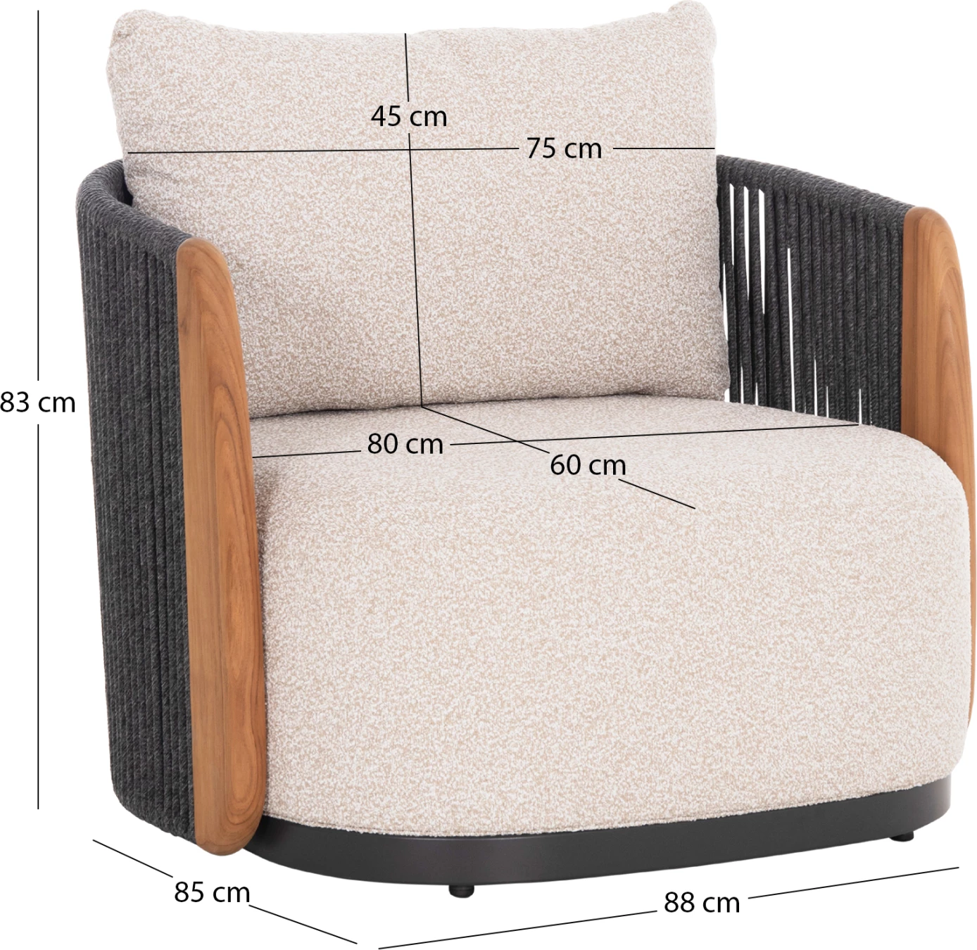 Fotel lounge AUGUSTUS, alumin i hirtë, litar, olefin, 88x85x83cm