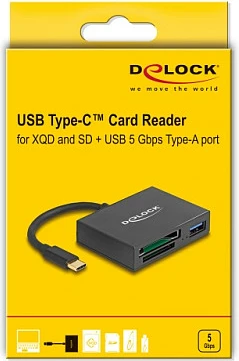 Lexues kartelash DeLOCK USB-C për XQD/SD, 5 Gbps, me portë USB-A, i zi