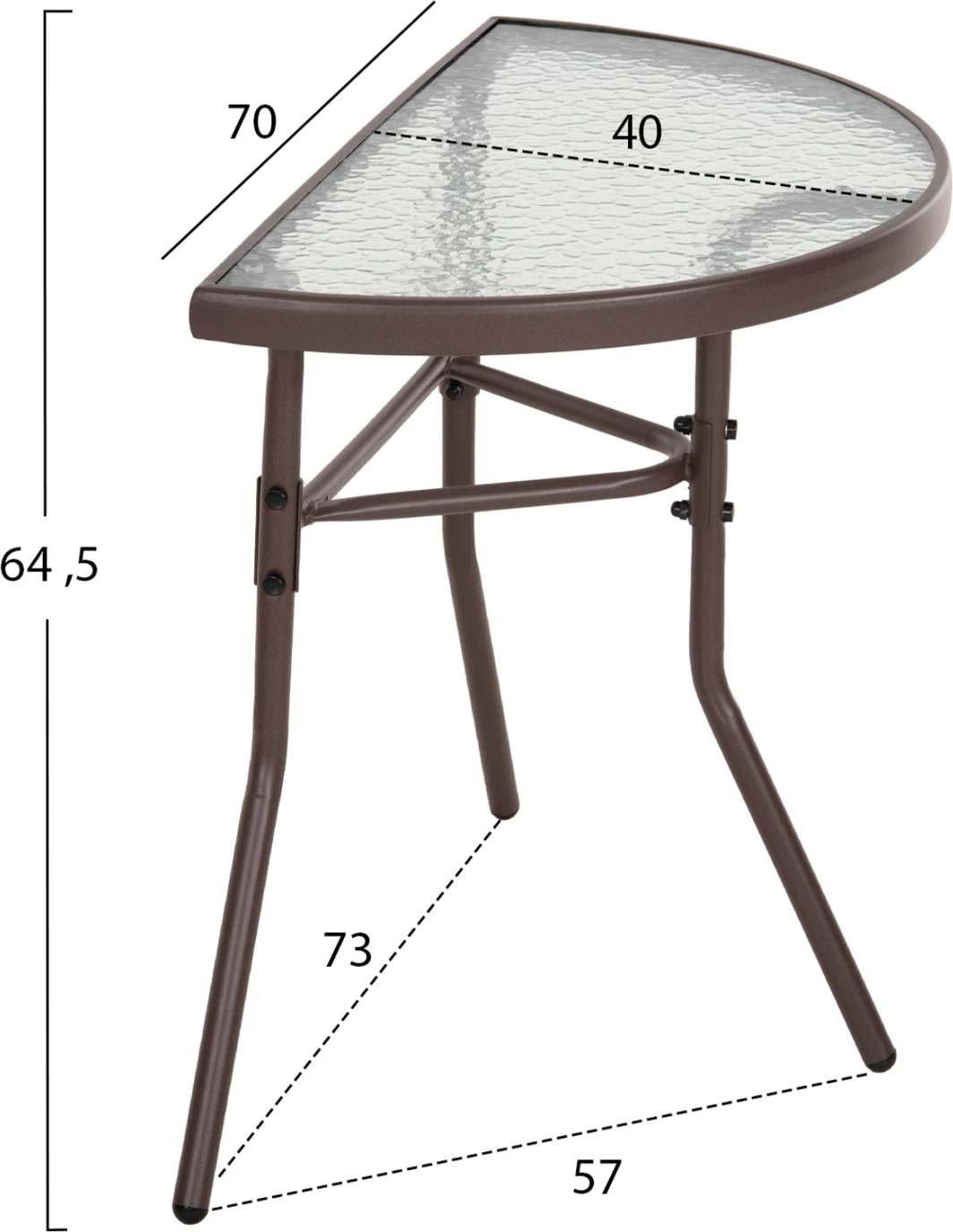 Tavolinë gjysmë rrethore LIMA, metalike, ngjyrë kafe, me sipërfaqe xhami, FH5967.02, 70x40x64,5H cm