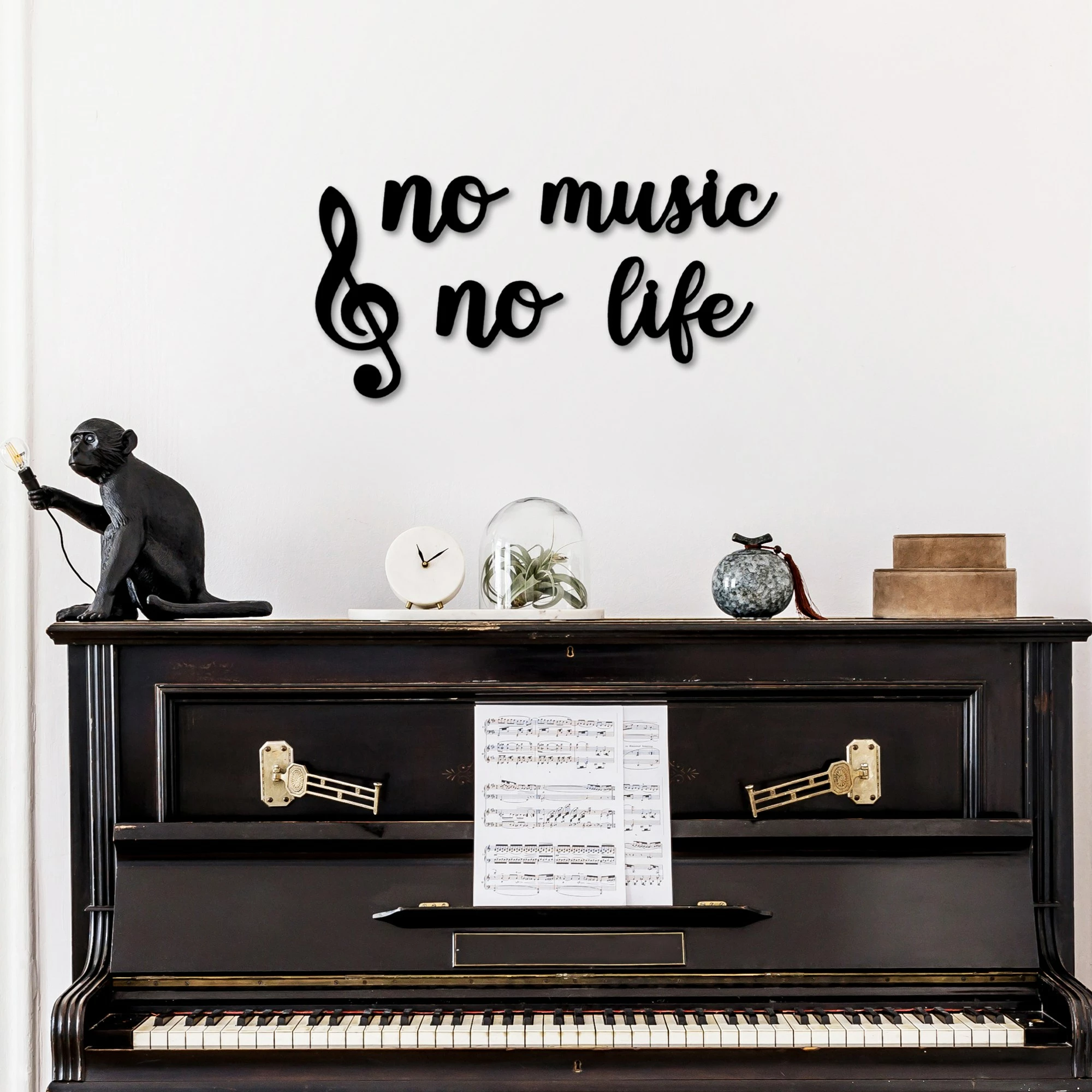 Aksesor dekorativ metalik për mur, Wallity, No Music No Life, ngjyrë e zezë, set me disa pjesë