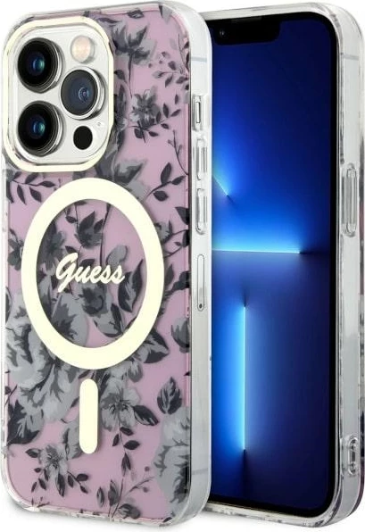 Mbështjellës Guess GUHMP14XHCFWSP për iPhone 14 Pro Max 6.7", Flower MagSafe, rozë