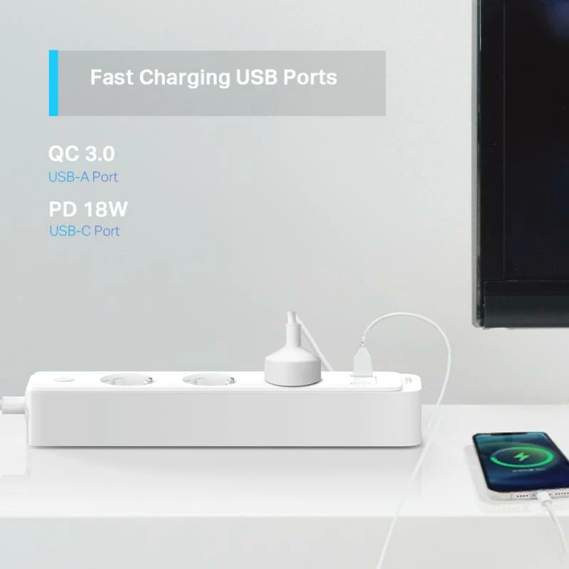 Zgjatues elektrik smart me Wi‑Fi, TP-Link, TAPO P300, 3 porte AC Schuko + 2x USB-A + 1x USB-C, kabllo 1.5 m, bardhë