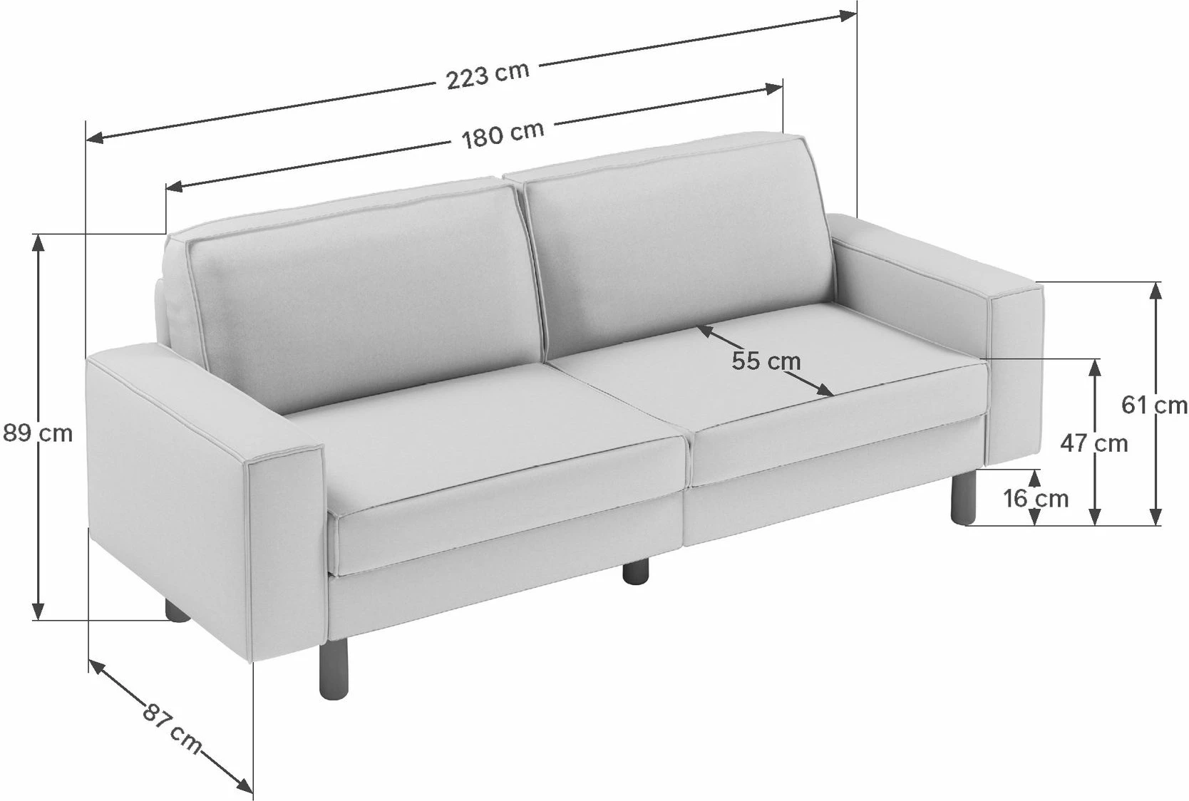 Divan treshe Atelier del Sofa, ngjyrë gri e natës, këmbë dru arre